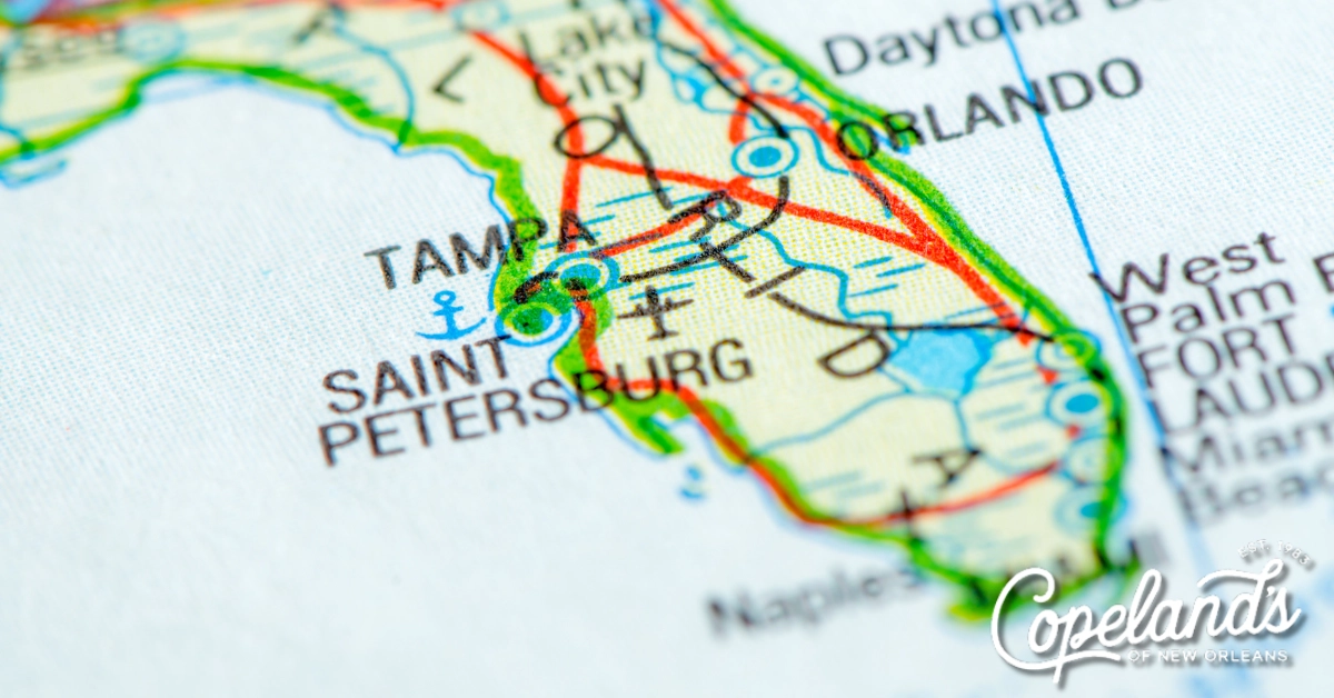 Close-up of a Florida map highlighting Tampa.