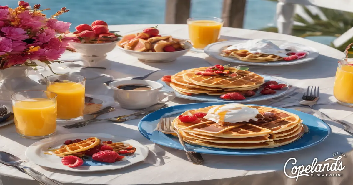 A table with pancakes, fruit, and orange juice